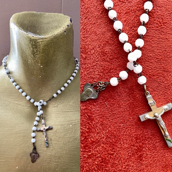 Michele Jewelry - Beautiful Reworked Artisan VINTAGE ROSARY Lariat Style NECKLACE O/S